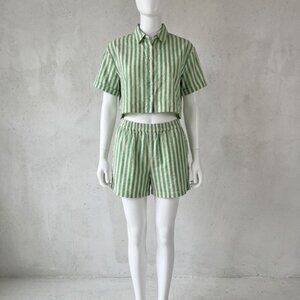 Japna Green and White Striped Crop Shirt & Shorts Set